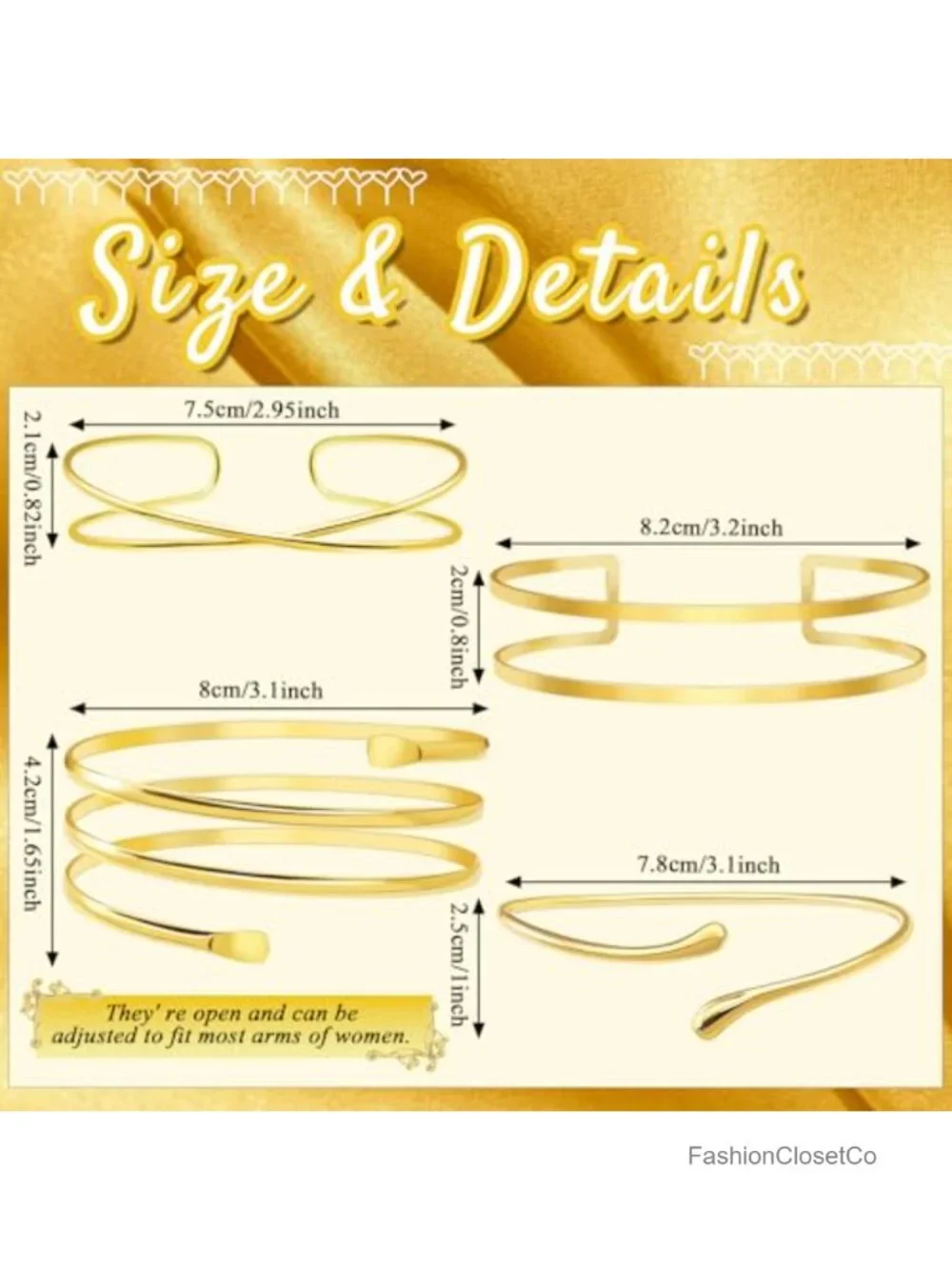 4 Pcs Minimalist Golden Arm Cuff Upper Arm Jewelry Set Adjustable Stackable